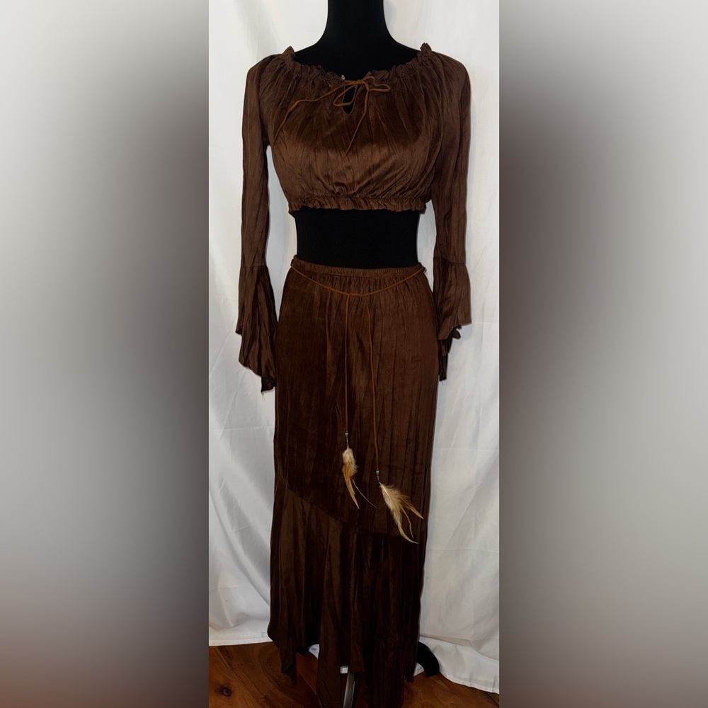 Brown Crop Top 2 Piece Skirt Set